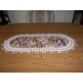 Table Runner Kittens Cats Floral Spring Decor Crocheted Fabric Center Crocheted Edge Oval Centerpiece Handmade Dresser Scarf Doily