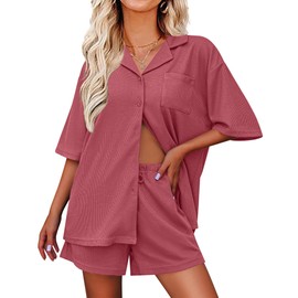 Ekouaer Pajamas for Women Waffle Knit Lounge Set Button Down Loungewear Soft Short Sleeve Pjs Shorts Set,Fuchsia,S
