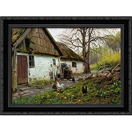 Bromolle Farm With Chickens 24x18 Black Ornate Wood Framed Canvas Art by Peder Mork Monsted
