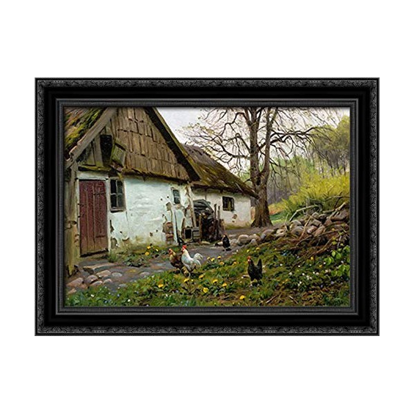 Bromolle Farm With Chickens 24x18 Black Ornate Wood Framed Canvas