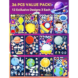 Ozepao 36 Pcs Outer Space Make-A-Face Sticker Sheets | Mix & Match Space Party Favors for Kids | Space Party Decorations, Crafts & Activities