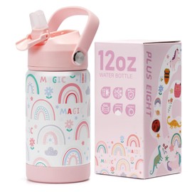pluseight Kids Insulated Water Bottle with Straw Lid, 12 oz BPA-Free Double Wall Vacuum Tumbler 18/8 Stainless Steel Leak Proof Kids Cups with Straw for School Travel Boys Girls (Rainbow)