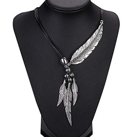 Glibrillody Bling Feather Pendant Necklace National Style Necklace Big Statement Necklace for Women Girls (Silver)
