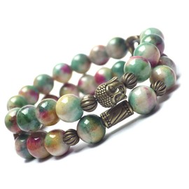 Women's Boho Gipsy Double Bangle in Natural White Jade Stained in Green, Red and White