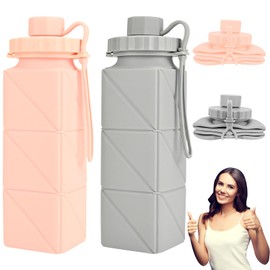 EHRHDKNS 2 Botella de Agua Plegable para Viaje, Botella de Silicona Plegable con Válvula a Prueba de Fugas, Reutilizable, Botella Flexible sin BPA para Gimnasio, Correr, Ciclismo (Rosa y Gris)