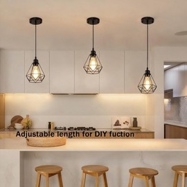 COTTAGE LIFE Black Pendant Light Fixtures 2 Pack, Farmhouse Industrial Metal Cage Pendant Lights, Adjustable Hanging Light Fixtures for Kitchen Island, Dining Room, Bar, Bedroom, Hallway