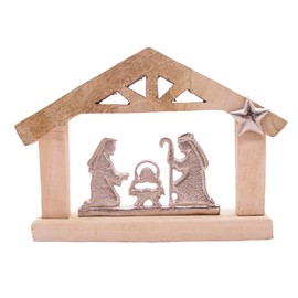 Aluminum Nativity Scene with a Wooden Frame, Freestanding Seasonal Decor, Religious Christmas Decoration, 10 Inches