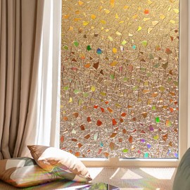 Coavas Window Privacy Film Stained Glass Window Cling, Rainbow Decorative Window Coverings Film, Heat Blocking Static Cling Stickers, Non Adhesive Privacy Film for Glass Windows, Brown 11.8 x 78.7Inch