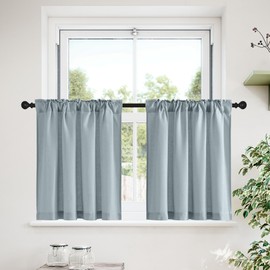 NICETOWN Stone Blue Linen Curtain Tiers 30 Inches Long for Kitchen Cabinet Boho Decor Back Tab Pocket Privacy Added Short Curtain for Camper RV Small Bathroom Window, 42 x 30 Inch Length, 1 Pair