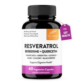 Sandhu's Resveratrol with Berberine for Gut Health | Digestive Supplement for Women & Men | Green Tea, Star Anise, DGL, Grape Seed Extract & Quercetin | Eases Bloating | 60 Capsules (Pack of 1)