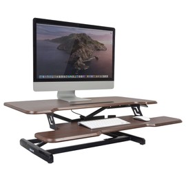 Mount-It! Height Adjustable Stand Up Desk Converter, 38” Wide Tabletop Standing Desk Riser with Gas Spring Desktop Standing Desk with Keyboard Tray Fits Two Monitors, Dark Walnut