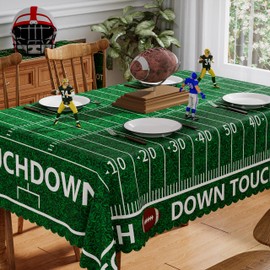Siilues Football Tablecloth Rectangle 60X104 Inch, Washable Green Grass Touch Down American Football Field Tablecloth Scalloped Edge Waterproof Rugby Boy Birthday Party Decoration Table Cloth
