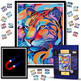 Wooden Jigsaw Puzzles with Frame for Adults - Framed Magnetic Wooden Puzzle - Challenging Wood Cut Puzzles - Landscape Wall Art Decor for Living Room - Christmas & Birthday Gift Idea (Colorful Tiger)
