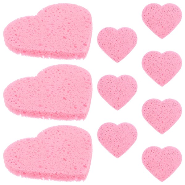 FRCOLOR Pack of 10 Compressed Face Sponges Reusable Heart Shaped Facial Cleansing Sponge Pads Makeup Removal Sponge for Facial Cleansing (Pink)