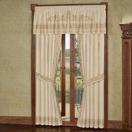 Touch of Class Versailles Luxury Window Treatment | Classic Neutral Pearl | Palace-Inspired French Style Golden Scrollwork Embroidery | Designed Drapery Set: Tailored Valance and 84L Curtain Pair