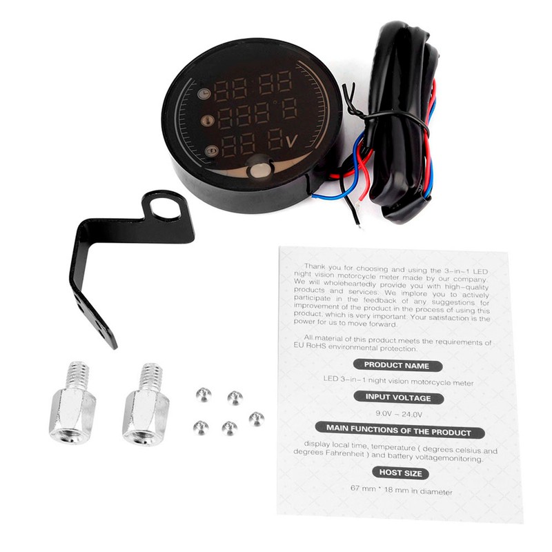 3-in-1 Motorcycle Electronic Digital Thermometer Voltmeter Time Clock Temperature Gauge