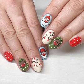 Christmas Press on Nails Short Almond Fake Nails Acrylic False Nails with Santa Claus and Elk Designs Full Cover Press ons Glue on Nails Short Stick on Nails for Women 24Pcs
