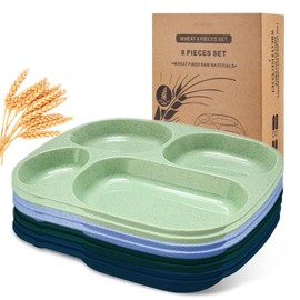 Vesici 8 Pcs 9'' Unbreakable Divided Plates for kids Adults Food Separator Dinner Plates Reusable Compartment Plates Dishwasher Microwave Safe (Light Green, Light Blue, Dark Green, Navy Blue)