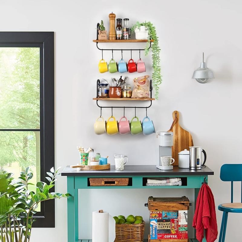 Floating Shelves for Kitchen Wall Coffee Nook with Hooks for