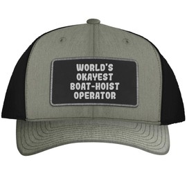 World's Okayest Boat-Hoist Operator - Leather Black Patch Engraved Trucker Hat, Heather-Black, One Size