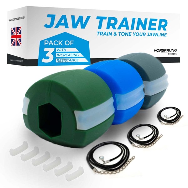 VORSPRUNG® Jaw Exerciser, Trainer for Face Mouth, Jawline Chisel & Enhance - 3 Pack, 3 Levels - Neck Exerciser - Jawline Exerciser Jawzr - Trainer men, Free 6 Biting Strips & 3 Necklaces –(UK)
