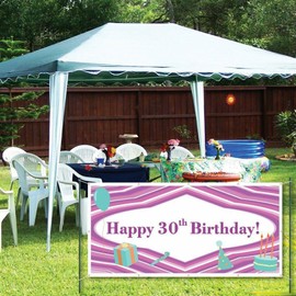 VictoryStore Happy 30th Birthday Purple Lines and Teal Icons 3' x 6' Vinyl Banner