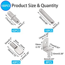 Hmknana 100PCS 4 Styles Shelf Pins Kit - Nickel Plated Shelf Bracket Pegs & Shelf Support Pins,Dowel Pin and Shelf Holders for Shelves Cabinet Furniture Closet etc