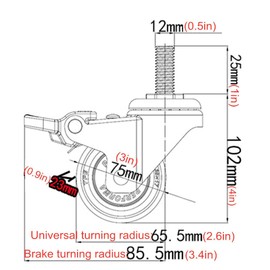 Swivel Castor,Furniture Caster,M12x25mm Threaded Stem Bolt Caster,Moving Caster Wheels,Small Castor Wheels,Trolley Wheels in TPE Rubber,Heavy Duty Castors,4Pcs(brake50mm/2in) (Color : Brake+Universal
