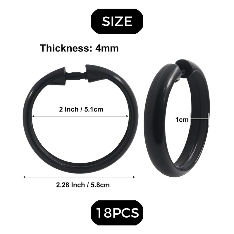 18 Pack Black Shower Curtain Rings, Easy Snap Hooks for