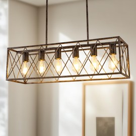 DORESshop 6-Lights Rustic Farmhouse Chandeliers for Dining Room, Modern Rectangle Farmhouse Kitchen Light Fixtures, Adjustable Height Dining Room Light Fixture for Kitchen Island, Living Room