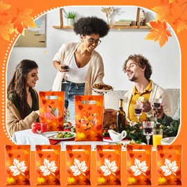 Supervitae 100 Pcs Fall Party Gift Bags Maple Leaves Favor Bags Bulk with Handles for Snacks Goodie Candy Treat Thanksgiving Party Supplies
