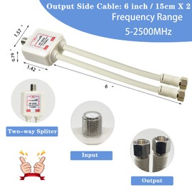 GROWORD 2-Way coaxial Cable Splitter, 5-2500MHz CATV Splitter with 6” RG6 Coaxial Cable and 2 Coax Connectors, for Pass Power to LNB, Improve TV Satellite Antenna Signal Quality, Corrosion Resistant