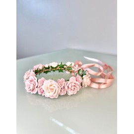 Rose Flower Crown Headband for Women, Girls, Newborns, Brides, Bridesmaids, Flower Girls, Birthday Parties, Pink and Off White (Adult)