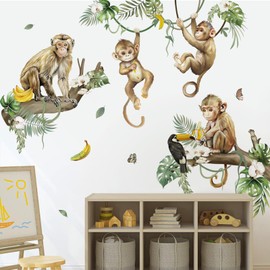 decalmile Wild Monkey Climbing Tree Wall Decals Jungle Animals Vine Leaves Wall Stickers Baby Nursery Kids Room Living Room Wall Decor