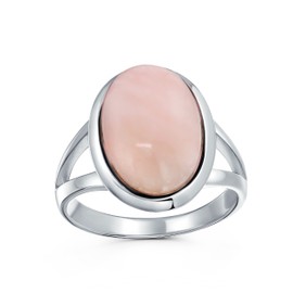 Oval Cabochon Bezel Gemstone Split Shank Boho Statement Light Pink Rose Quartz Ring Women Teen .925 Sterling Silver