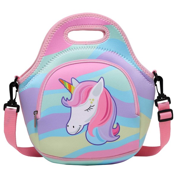 Lunch Bag for Kids, Chasechic Cute Lightweight Neoprene Insulated Lunch Boxes Tote with Detachable Adjustable Shoulder Strap (Unicorn)