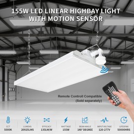 mw 2FT 600-Watt Equivalent LED Linear High Bay Shop Lights with Motion Sensor,155W,20925LM, 5000K High Bay Lights,120-277V,0-10V Dimmable UL&DLC Listed Commercial Bay Lighting