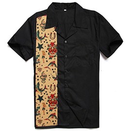 Anchor MSJ Men's 50s Male Clothing Rockabilly Style Casual Cotton Blouse Mens Fifties Bowling Dress Shirts (XXL) Black