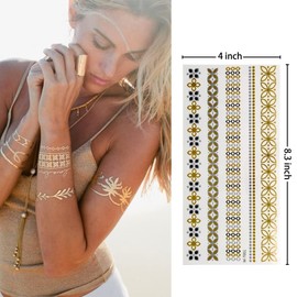 6Pcs Tatuajes de Oro Papel De Tatuaje a Prueba De Agua Tatuajes Metálicos Temporales Pegatinas de Tatuajes Falsos de Cara Y Cuerpo para Adultos Pegatinas De Tatuajes De Arte Corporal (Oro Plata)