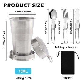 Set of 4 Stainless Steel Folding Cups, 75 ml Cups, Foldable Stainless Steel Cup with Folding Spoon, Folding Cup Set, Camping Cup, Foldable Portable Folding Cup for Picnics, Hiking