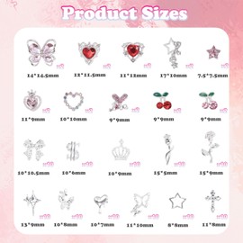 130 Pcs Silver Nail Gems and Charms, 3D Metal Star Cross Heart Cherry Butterfly Nail Gem Rhinestone and Charms, Assorted Silver Bowtie Crown Dollar Nails Charm for Acrylic Manicure DIY Supplies