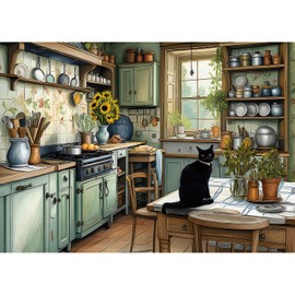 Vintage Country Kitchen Jigsaw Puzzle 1000 Pieces for Adults Cozy Farmhouse Scene Cat Sunflowers Rustic Decor Challenging Puzzle Games Fun Family Activity （27.6" x 19.7"）