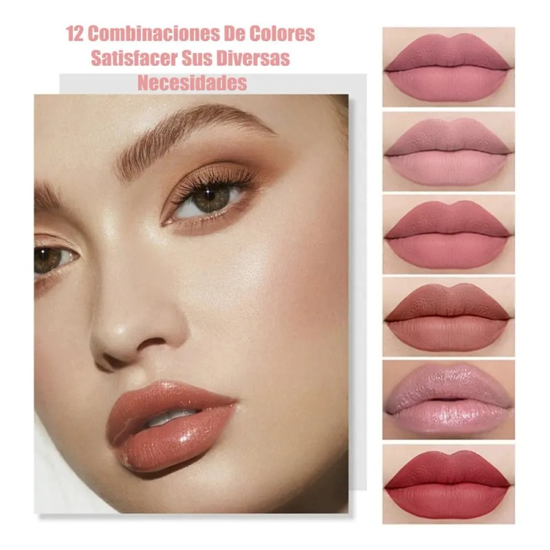 Set De 12 Labiales Mate De Larga Duración Pintalabio Regalo