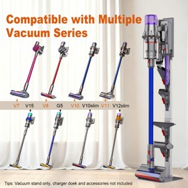 AIKOLZON Vacuum Stand for Dyson with Foldable Storage Hooks and Heavy-Duty Carbon Steel Base, No Drill Installation, Space-Saving Organizer for All Dyson Cordless Vacuums & Accessories