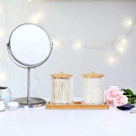 Relaxdays Cotton Bud Container with Tray, 2 Cups with Lid, Cosmetic Organiser, Plastic/Bamboo, Transparent/Natural