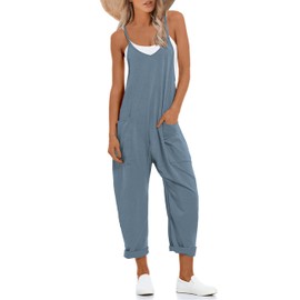 Lentta Women's Causal Jumpsuits V Neck Sleeveless Harem Overalls Stretchy Adjustable Strap Romper with Pockets(BlueGrey-S)