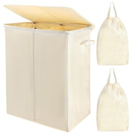 Voova 154L Double Laundry Hamper with Lid and 2 Removable Laundry Bags, Large Collapsible 2 Dividers Dirty Clothes Basket with Handles for Laundry Room, Bedroom, Bathroom, College Dorm, Beige