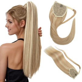 S-noilite Wrap Around Ponytail Hair Extension Human Hair Ponytail 18" Ash Blonde & Bleach Blonde Remy Hair Clip in Ponytail Silky Straight Brazilian Hair Highlighted Wrap Ponytail Magic Paste 90g(18" #18P613)