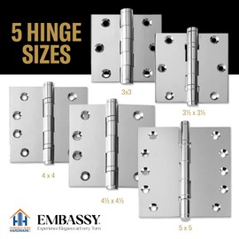 Embassy Door Hinge Solid Brass - 4 x 4 Inch, Heavy Duty, Polished Chrome, Ball Bearings, Rust Resistant Stainless Steel Pin, Architectural Designer Grade, Home Improvement, 3 Pack