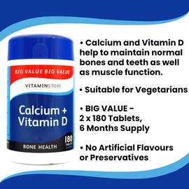 Calcium + Vitamin D Food Supplement, 180 Tablets per Tub, Pack of 2 Tubs, 6 Months Supply